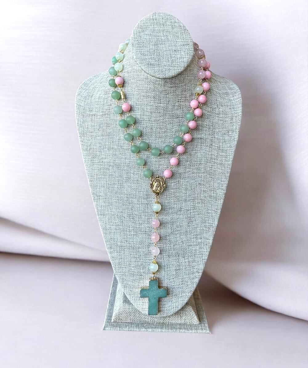 Pink Jade Aventurine Rosary Necklace, Cross Necklace, Handmade Spiritual Jewelry